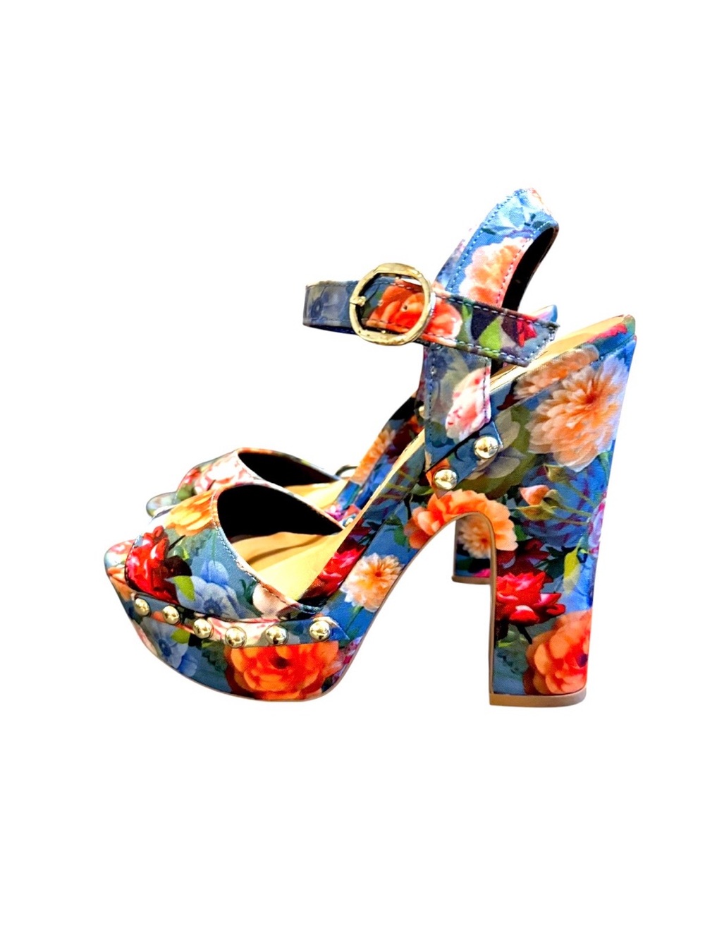 Qupid Women’s Tropical Studded Peep Toe Platform Heels